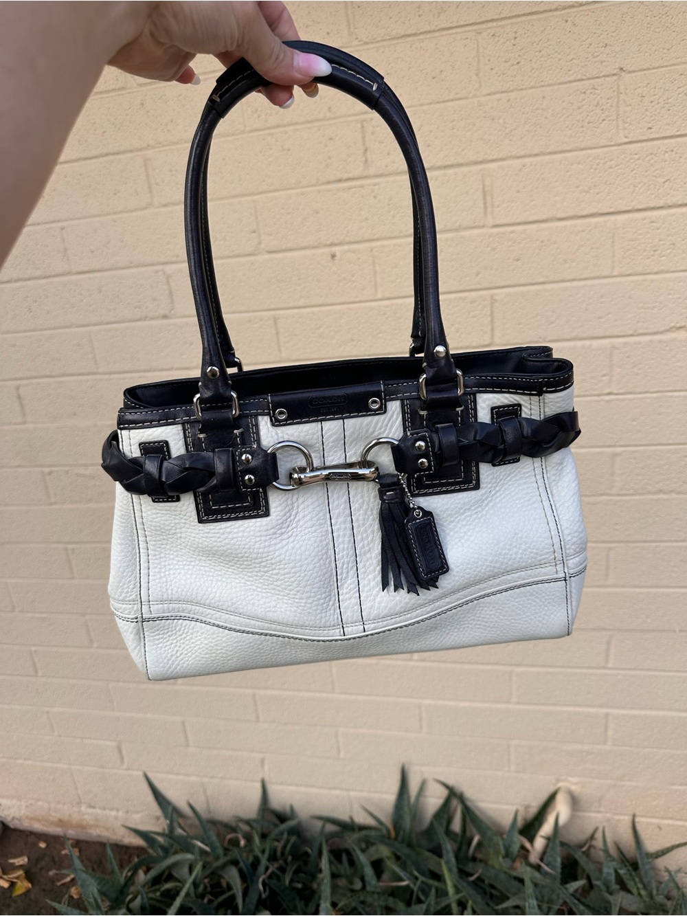 Coach White Leather Tote with Black Trim and Braided Accent - Picture 3 of 11